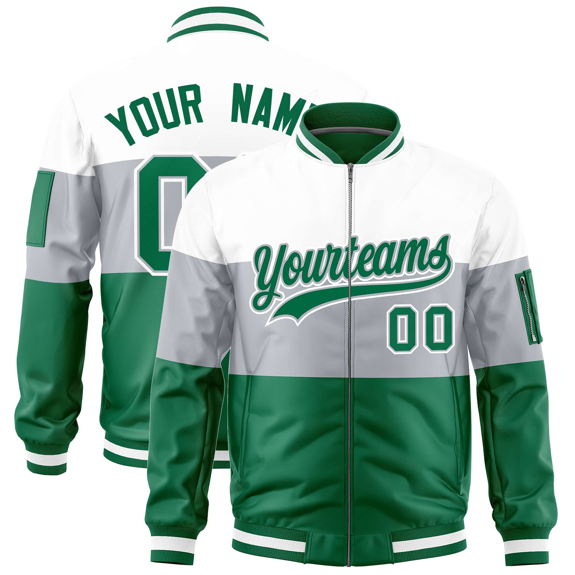 Custom White Silver-Kelly Green Varsity Full-Zip Color Block Letterman Bomber Jacket