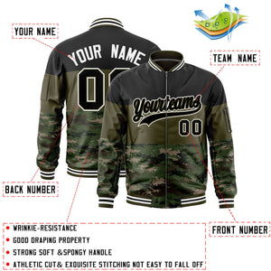 Custom Black Olive-Camo Varsity Full-Zip Color Block Letterman Bomber Jacket