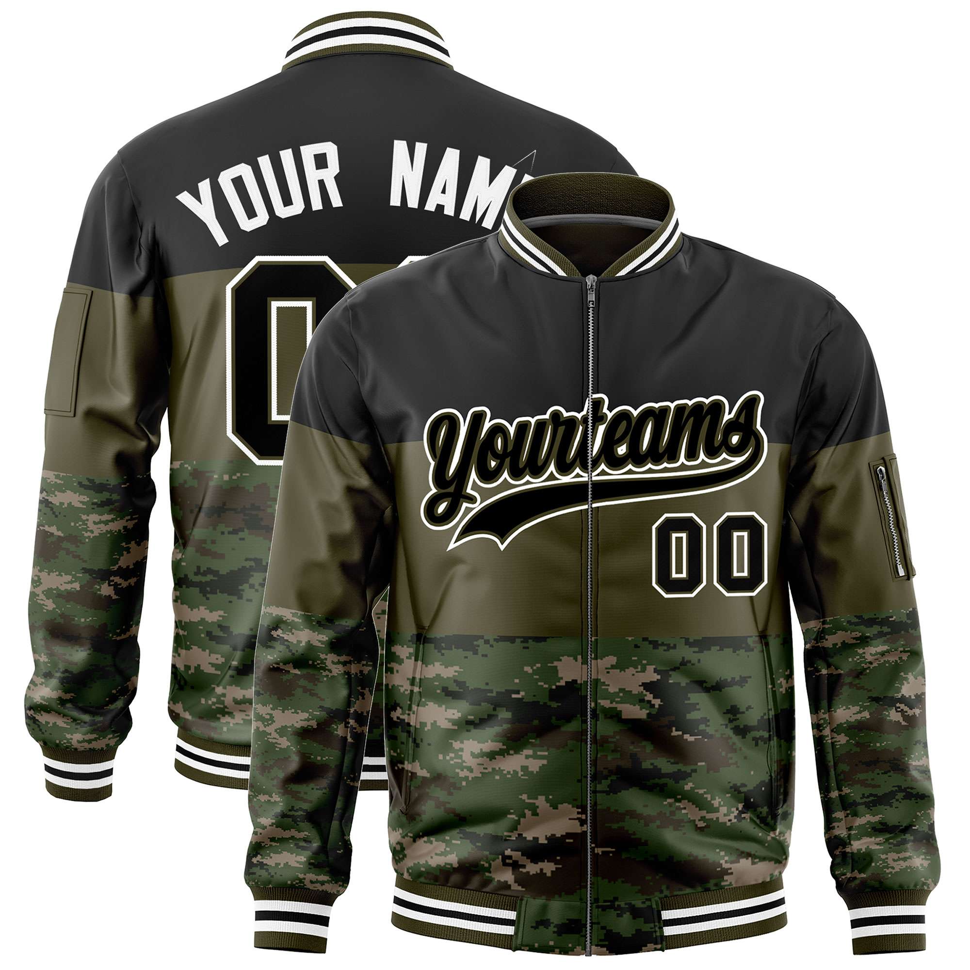 Custom Black Olive-Camo Varsity Full-Zip Color Block Letterman Bomber Jacket