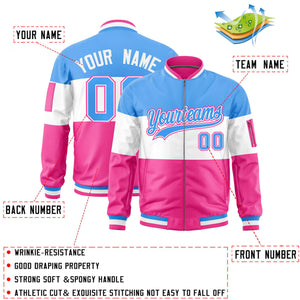 Custom Powder Blue White-Pink Varsity Full-Zip Color Block Letterman Bomber Jacket