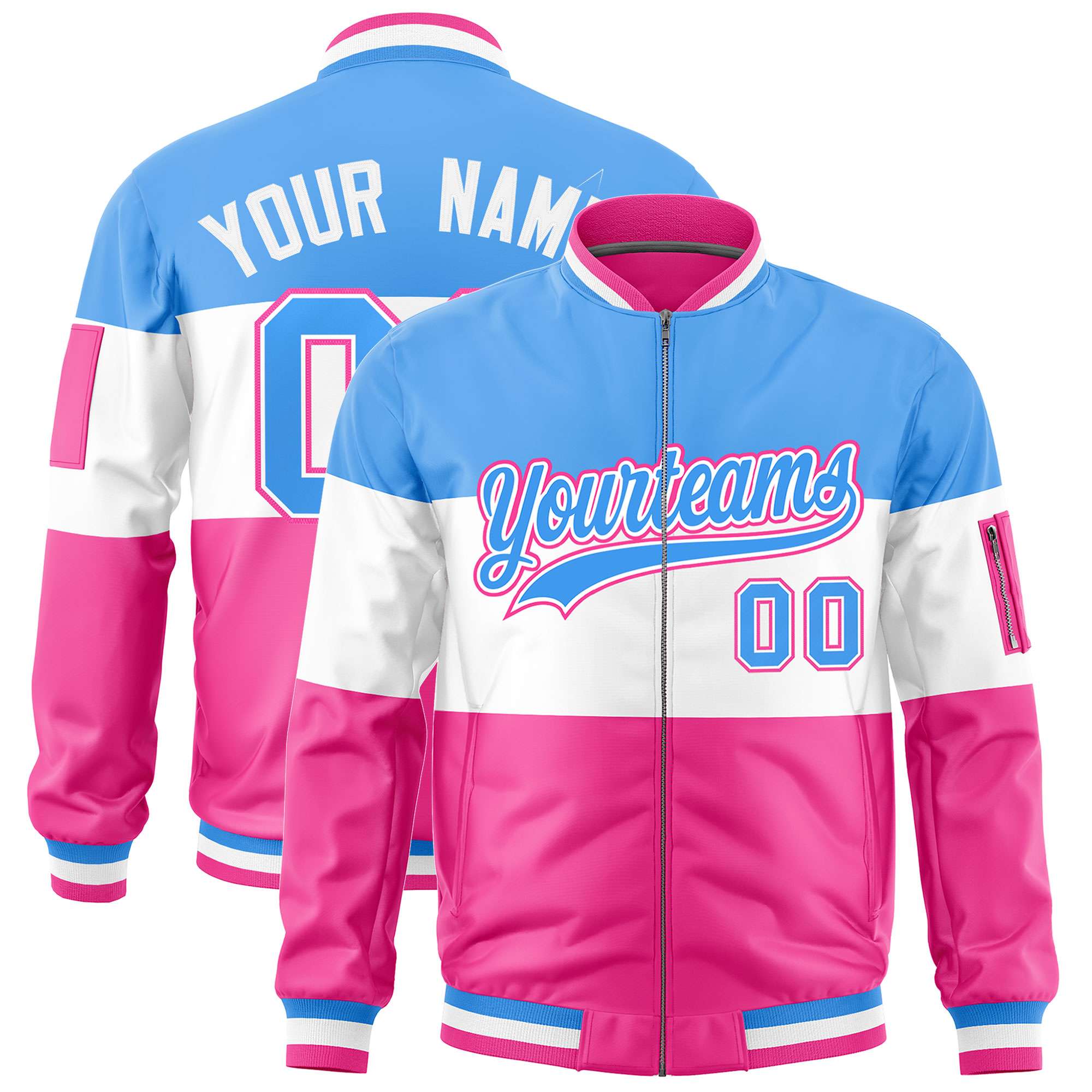 Custom Powder Blue White-Pink Varsity Full-Zip Color Block Letterman Bomber Jacket