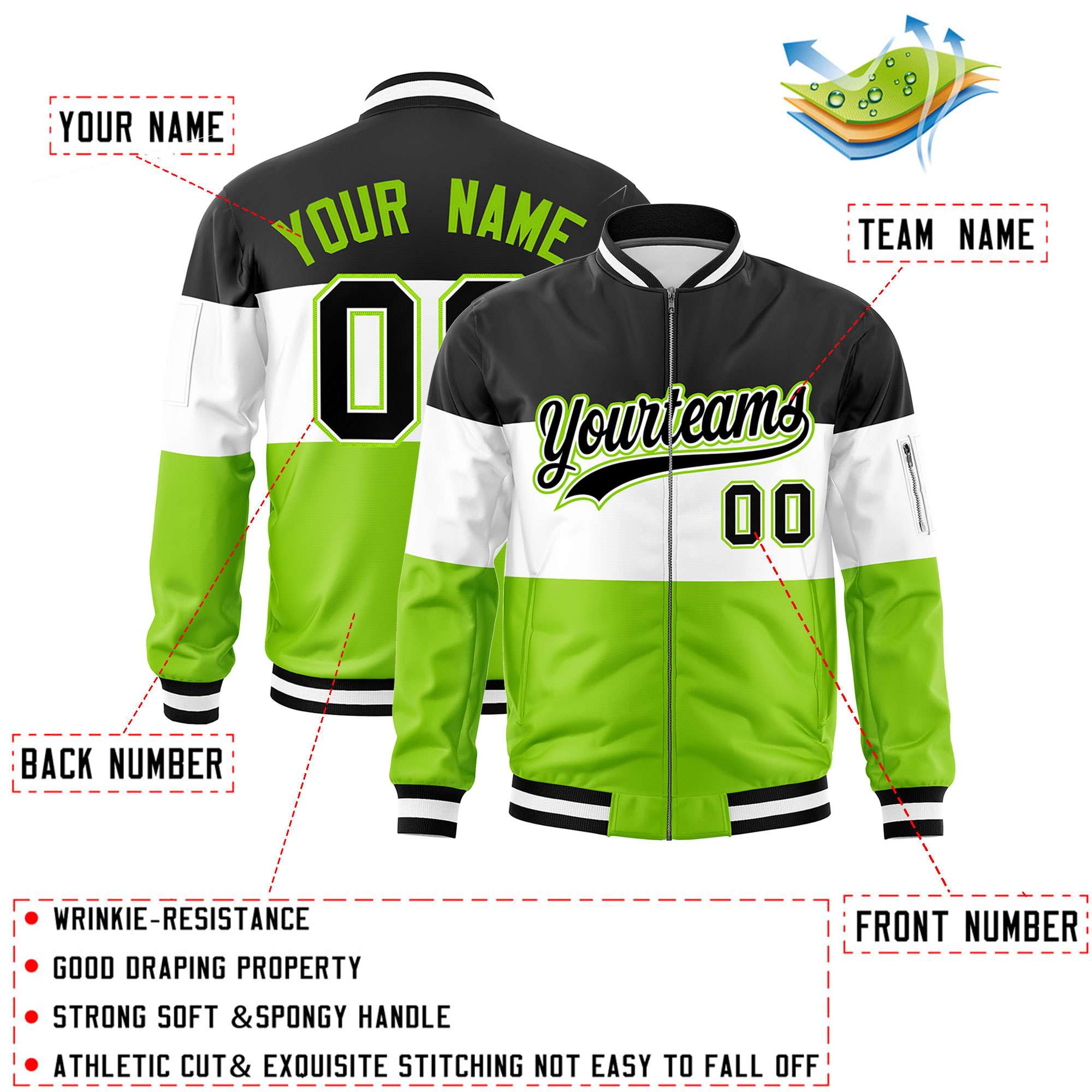 Custom Black White-Neon Green Varsity Full-Zip Color Block Letterman Bomber Jacket