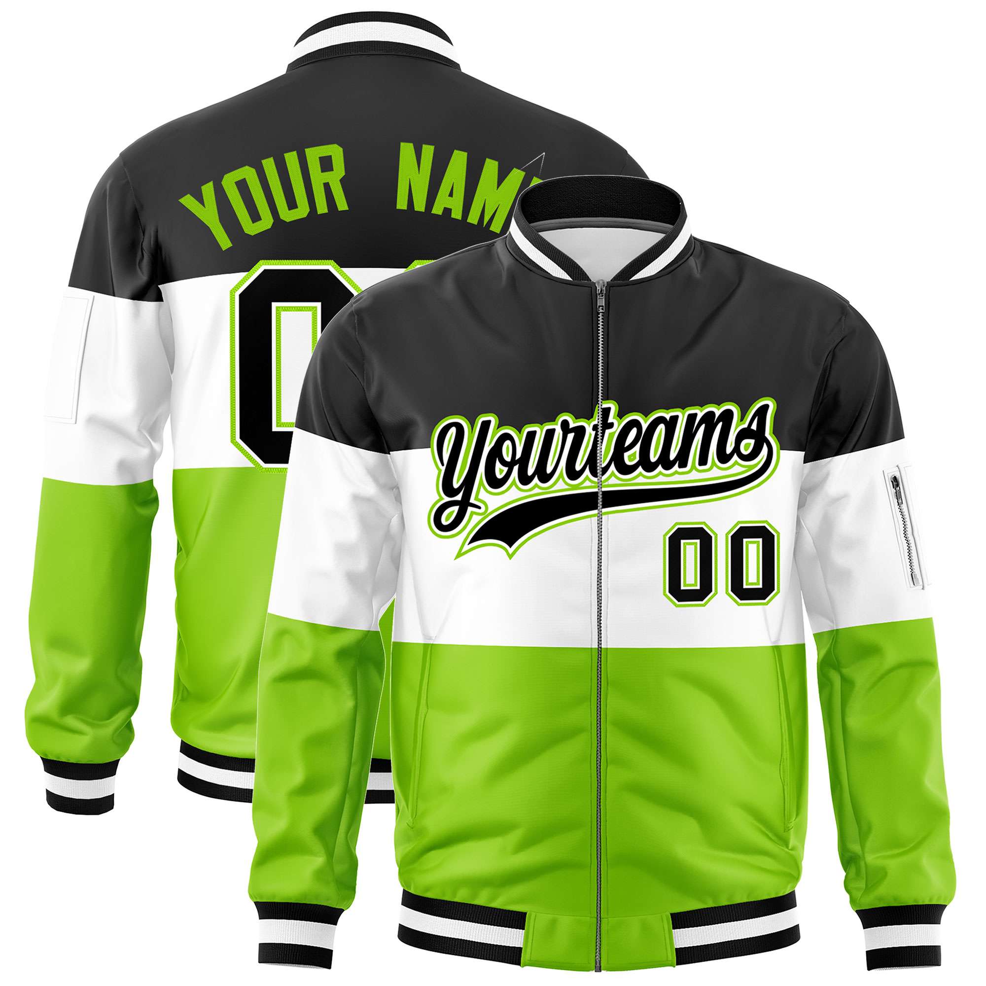 Custom Black White-Neon Green Varsity Full-Zip Color Block Letterman Bomber Jacket