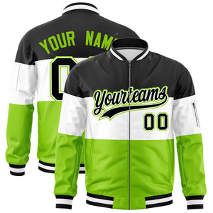 Custom Black White-Neon Green Varsity Full-Zip Color Block Letterman Bomber Jacket