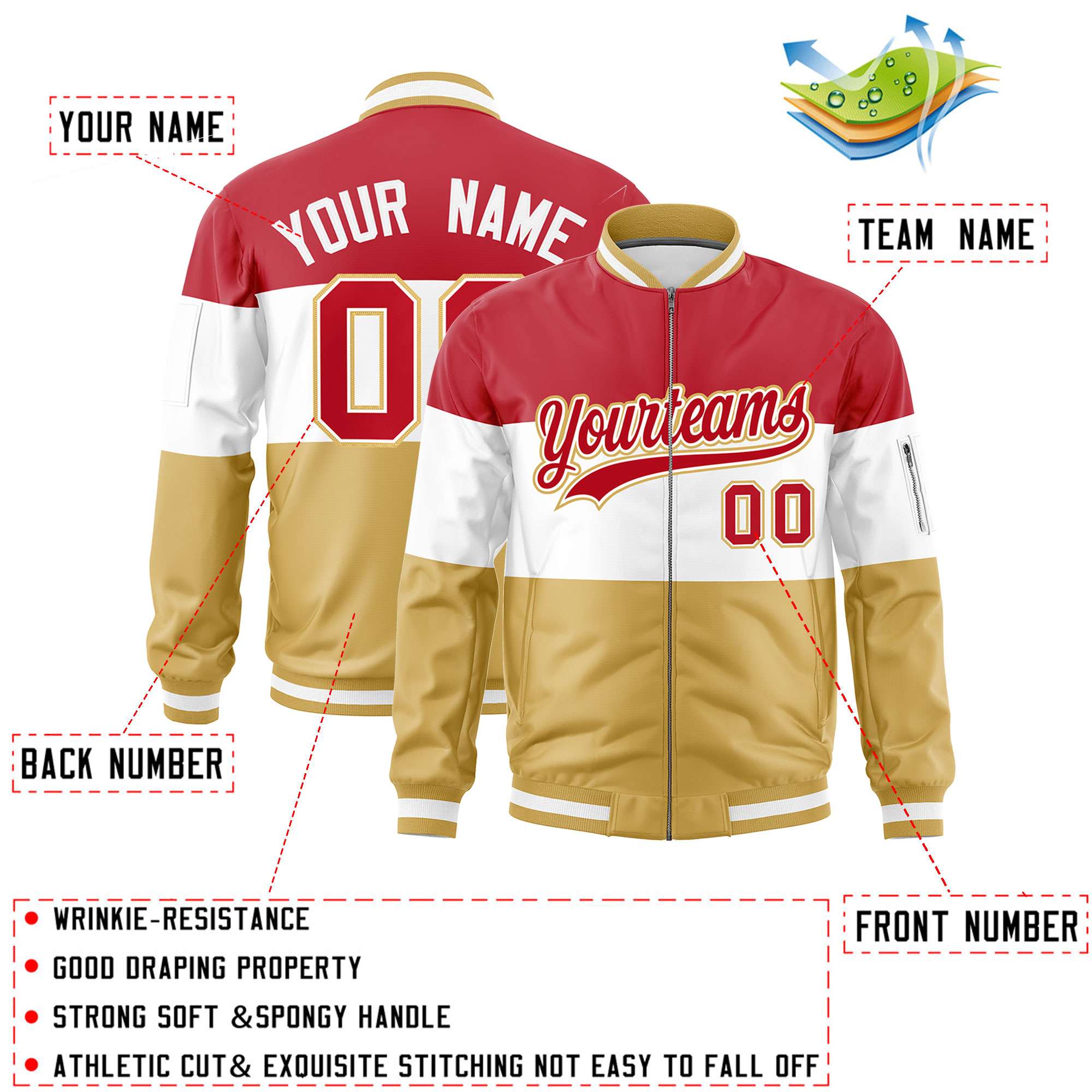 Custom Red White-Old Gold Varsity Full-Zip Color Block Letterman Bomber Jacket