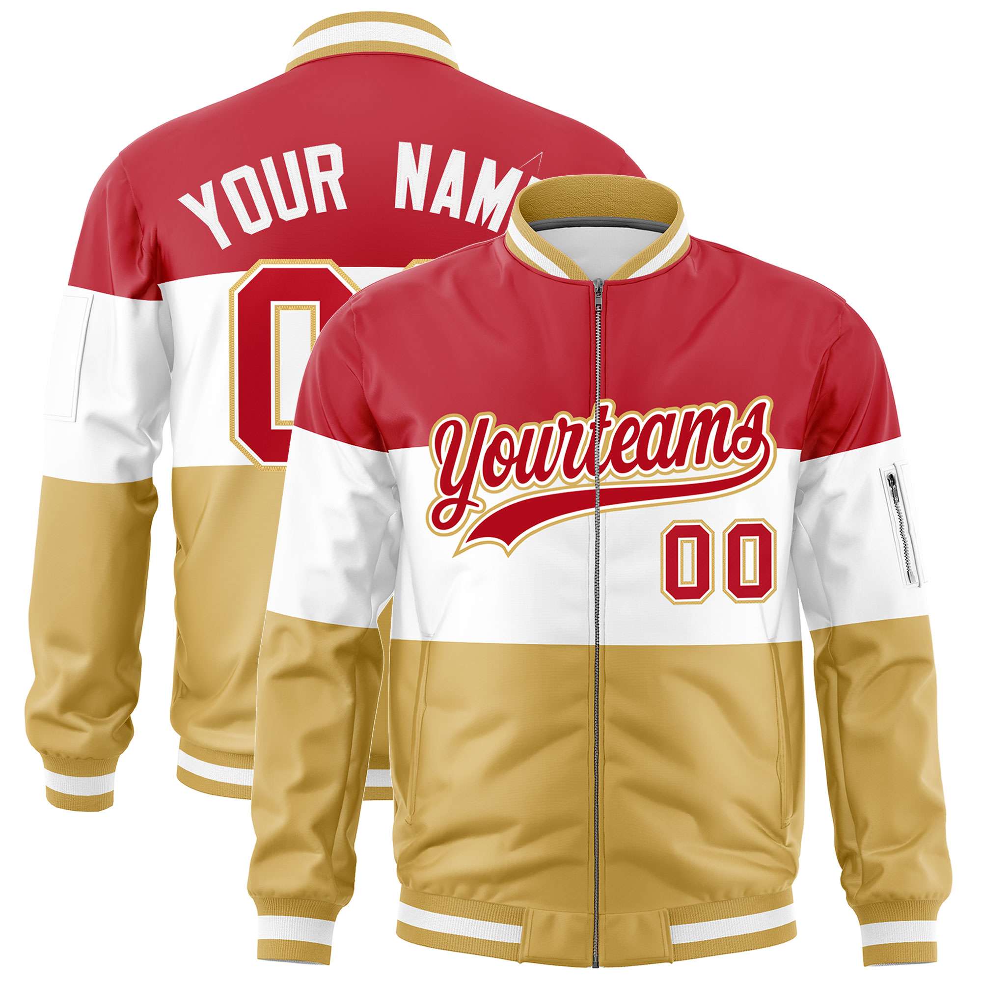 Custom Red White-Old Gold Varsity Full-Zip Color Block Letterman Bomber Jacket