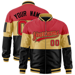 Custom Red Old Gold-Black Varsity Full-Zip Color Block Letterman Bomber Jacket