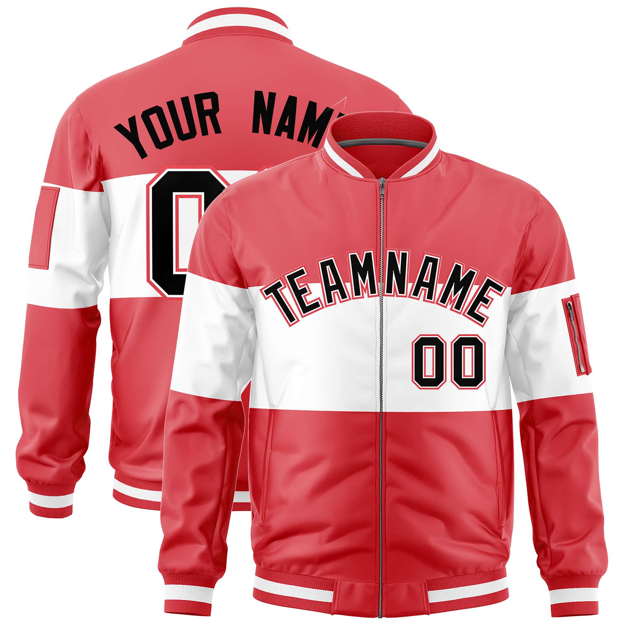 Custom Light Red White-Light Red Varsity Full-Zip Color Block Letterman Bomber Jacket