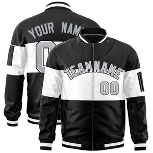 Custom Black White-Black Varsity Full-Zip Color Block Letterman Bomber Jacket