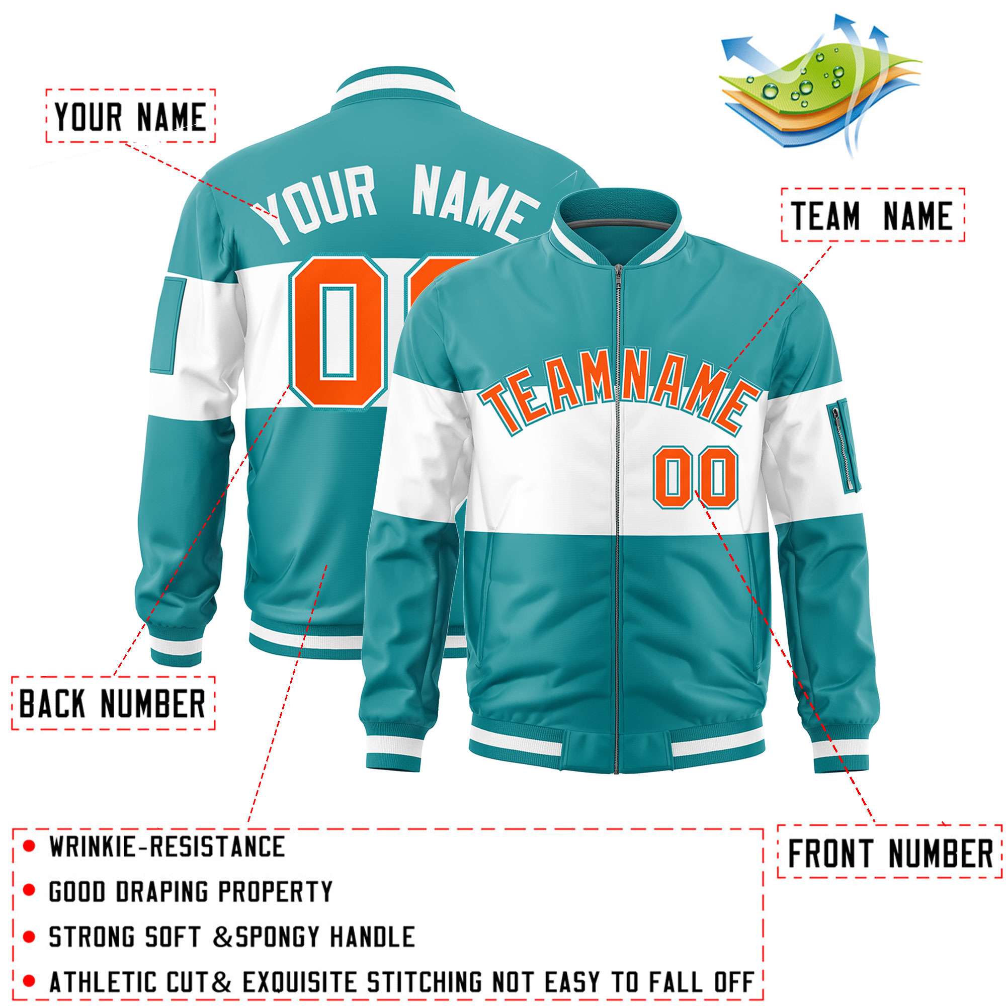 Custom Aqua White-Aqua Varsity Full-Zip Color Block Letterman Bomber Jacket