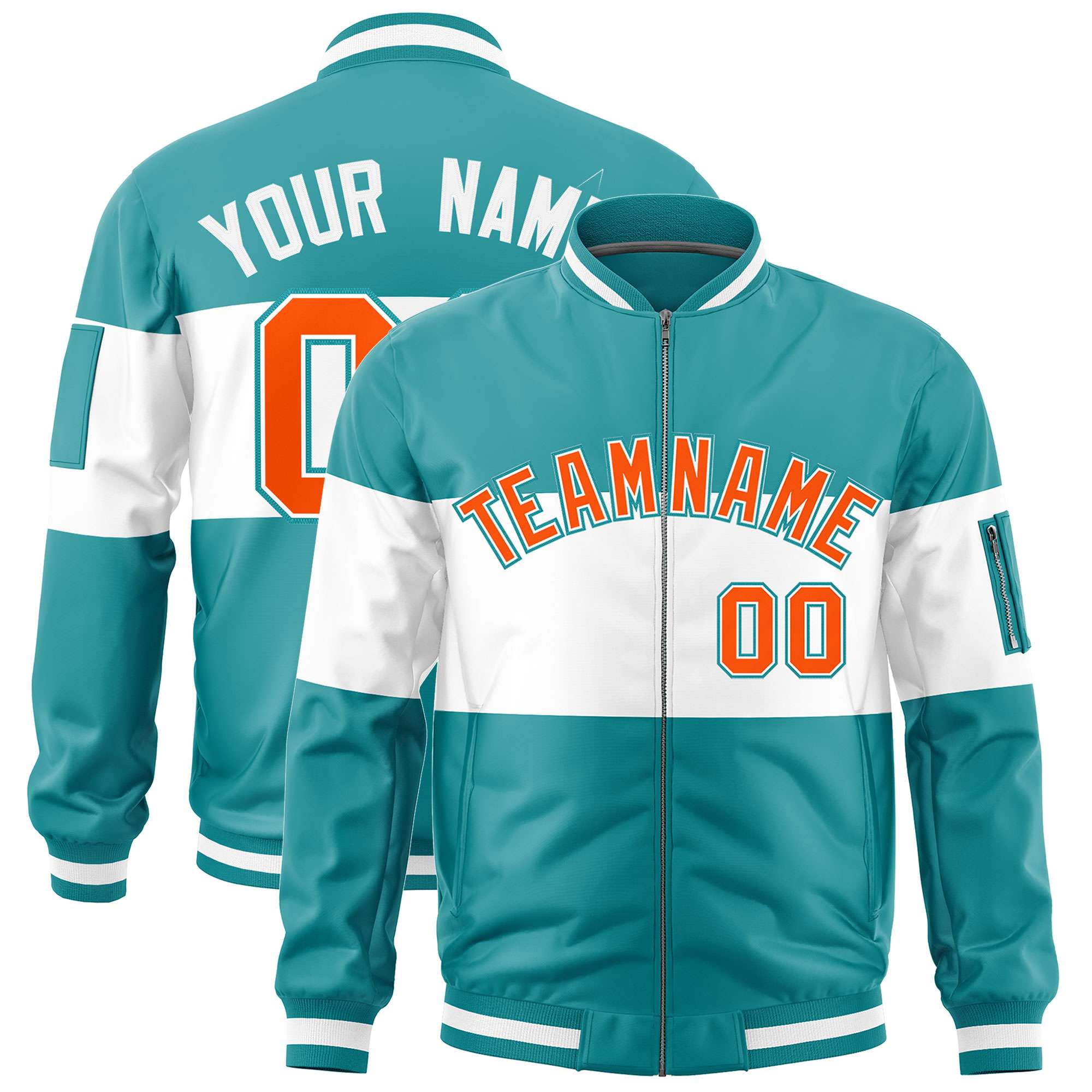 Custom Aqua White-Aqua Varsity Full-Zip Color Block Letterman Bomber Jacket