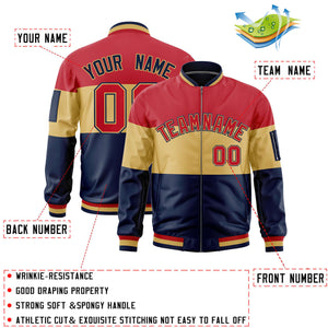 Custom Red Old Gold-Navy Varsity Full-Zip Color Block Letterman Bomber Jacket