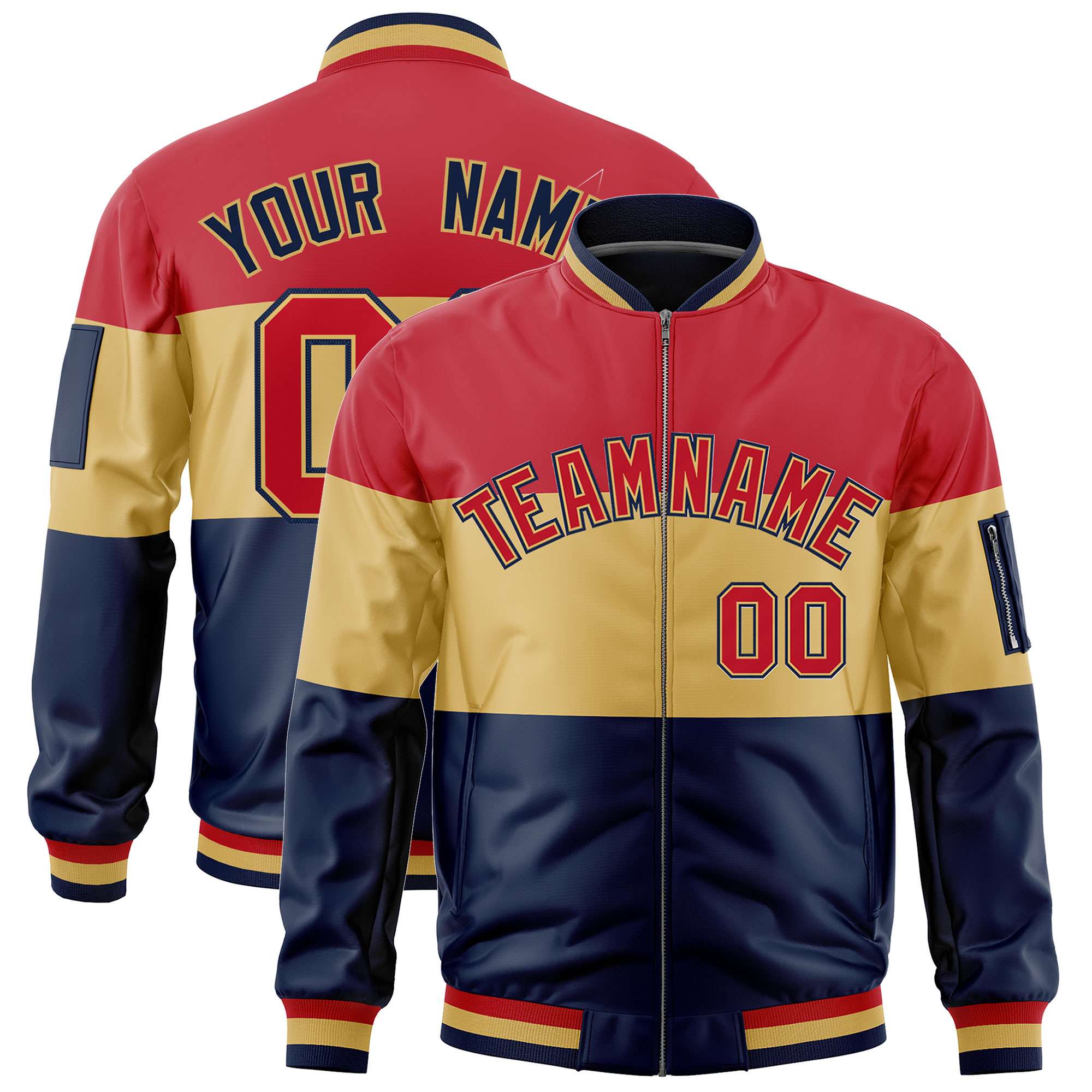 Custom Red Old Gold-Navy Varsity Full-Zip Color Block Letterman Bomber Jacket