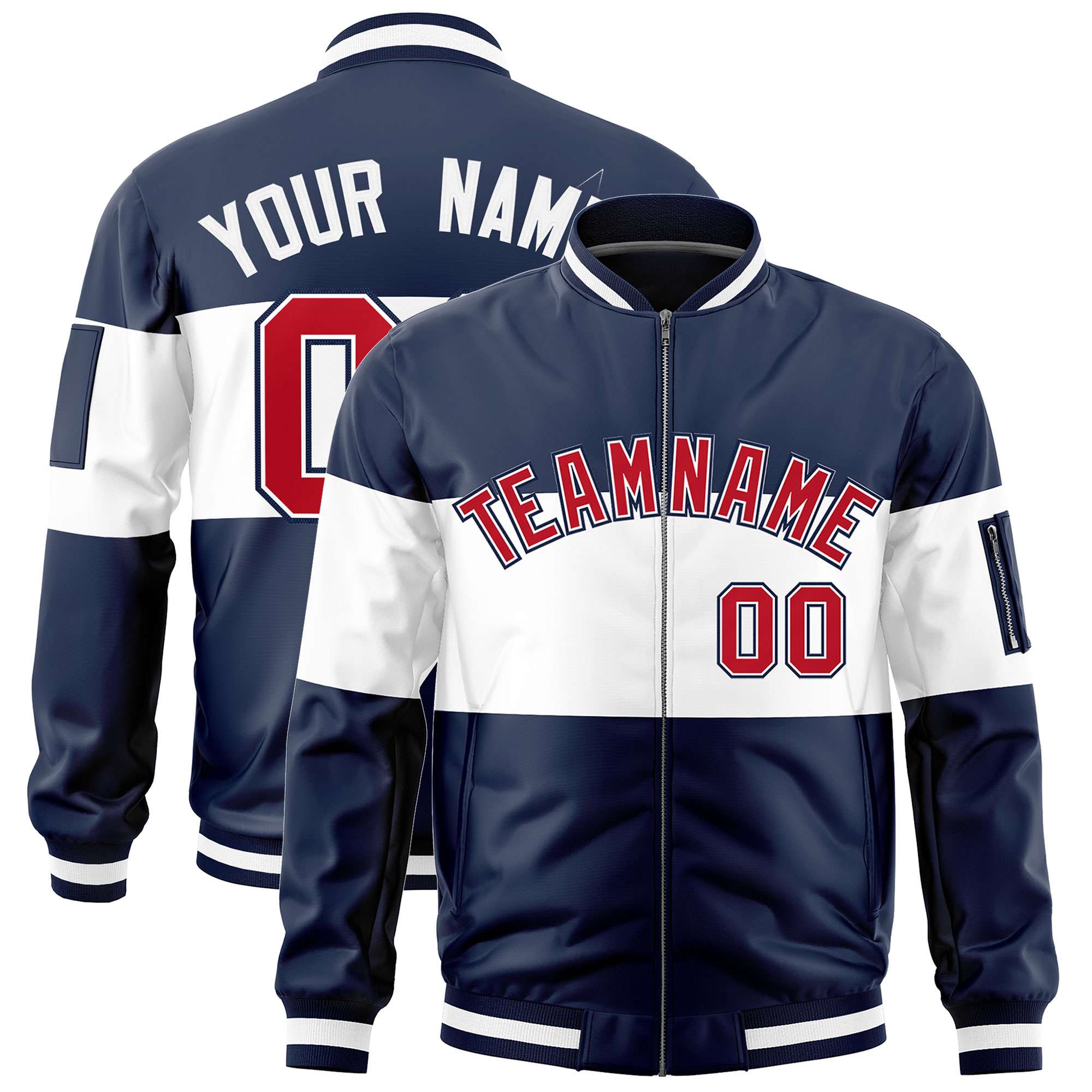 Custom Navy White-Navy Varsity Full-Zip Color Block Letterman Bomber Jacket