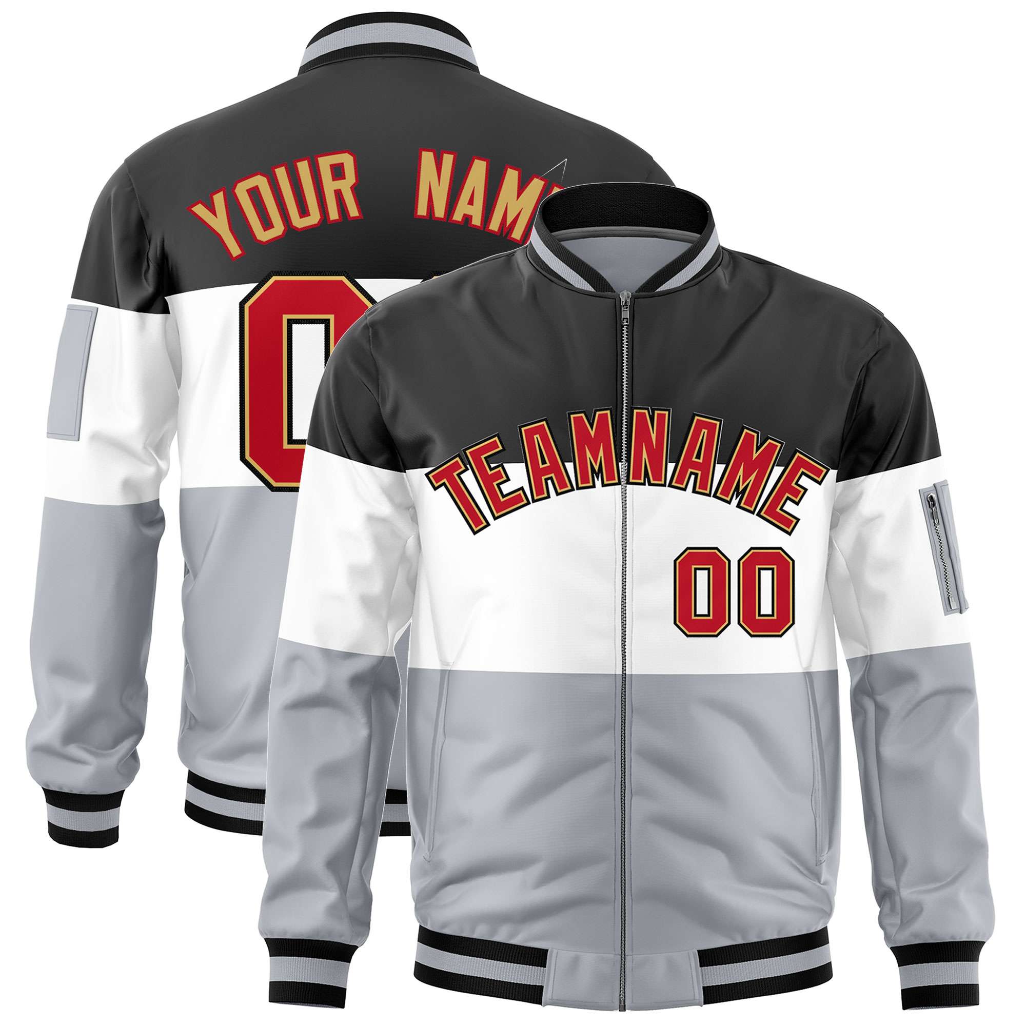 Custom Black White-Silver Varsity Full-Zip Color Block Letterman Bomber Jacket