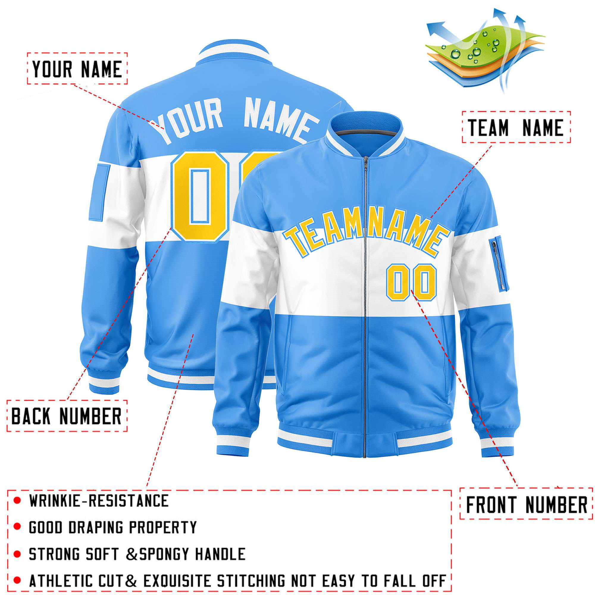 Custom Powder Blue White-Powder Blue Varsity Full-Zip Color Block Letterman Bomber Jacket