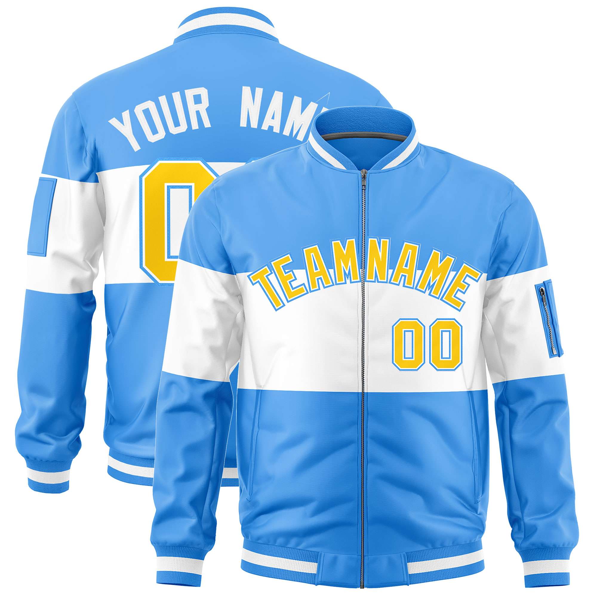 Custom Powder Blue White-Powder Blue Varsity Full-Zip Color Block Letterman Bomber Jacket