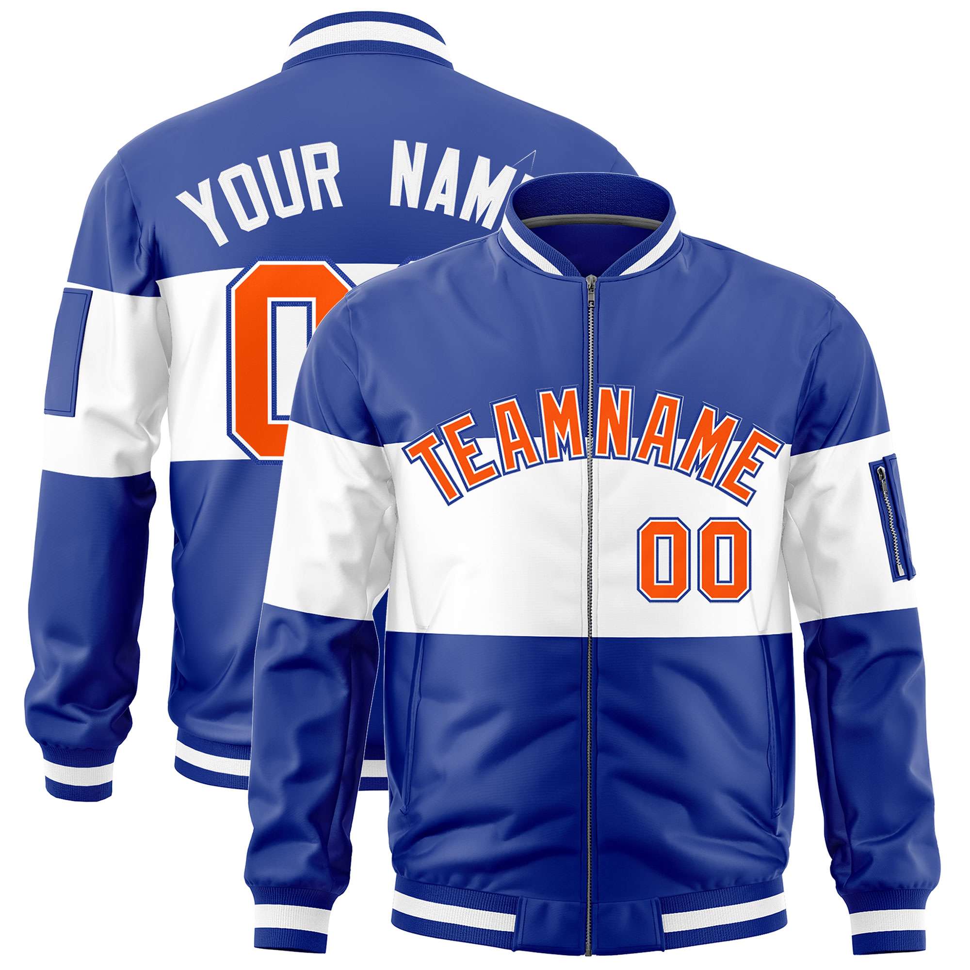 Custom Royal White-Royal Varsity Full-Zip Color Block Letterman Bomber Jacket