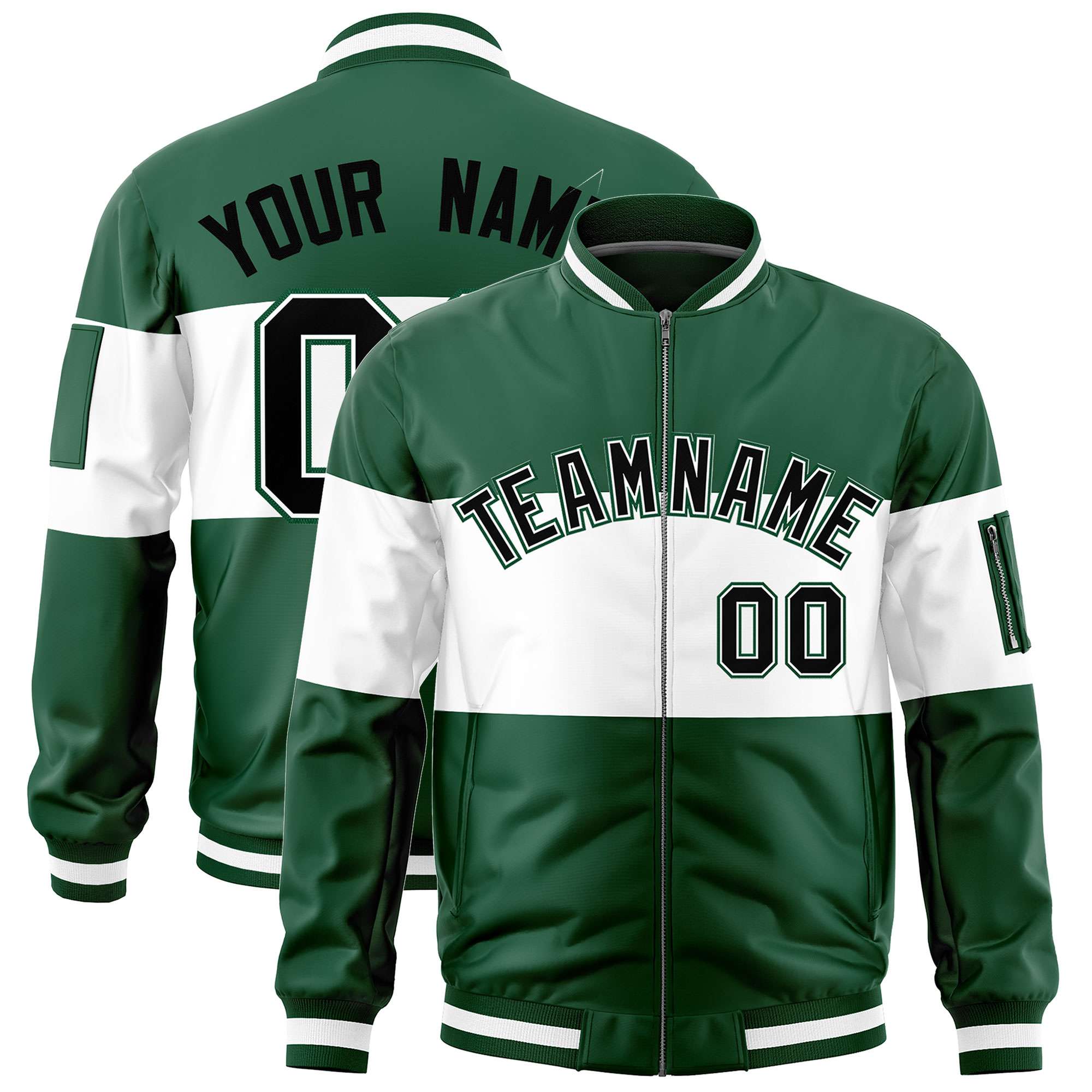 Custom Green White-Green Varsity Full-Zip Color Block Letterman Bomber Jacket