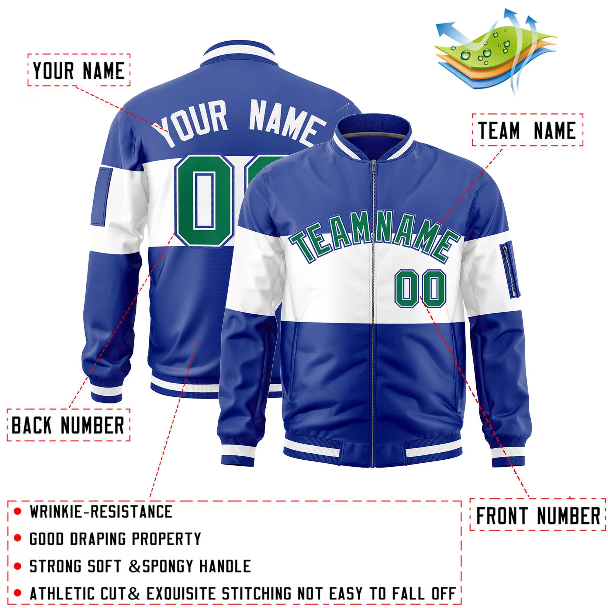 Custom Royal White-Royal Varsity Full-Zip Color Block Letterman Bomber Jacket