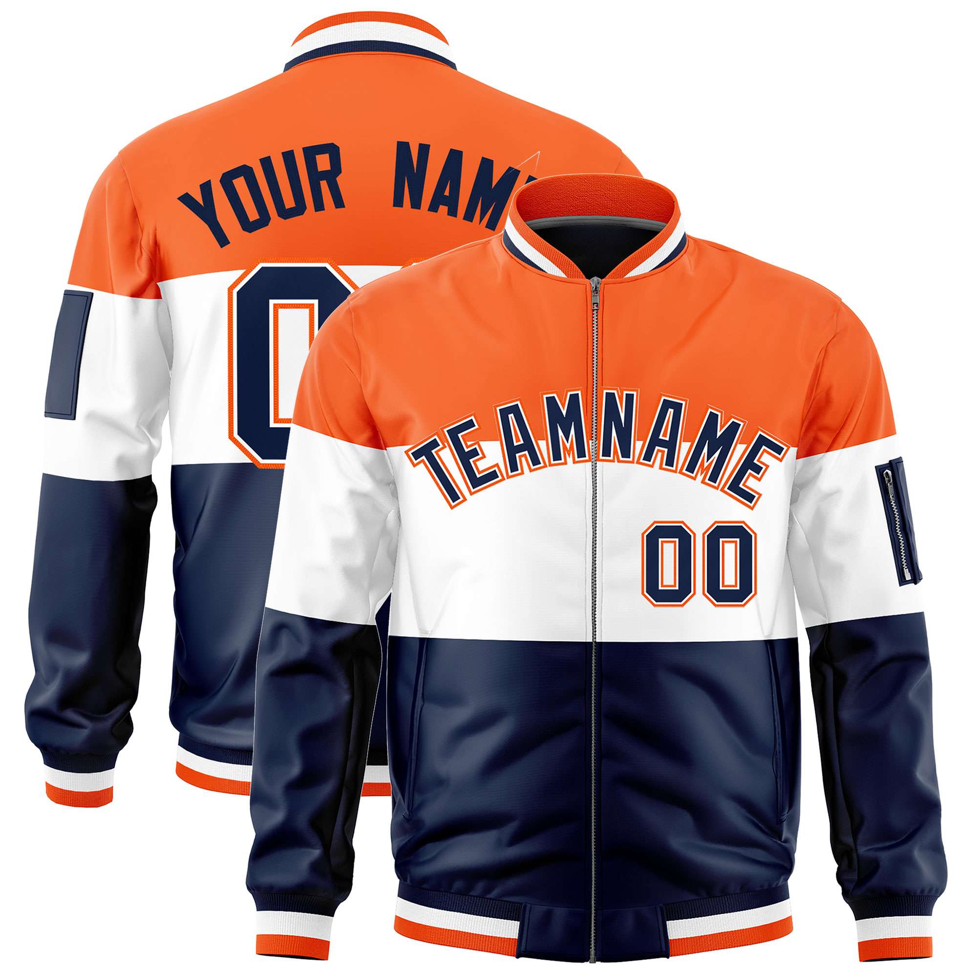 Custom Navy White-Orange Varsity Full-Zip Color Block Letterman Bomber Jacket