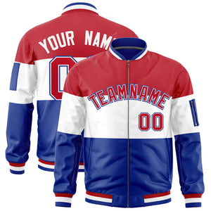 Custom Red White-Royal Varsity Full-Zip Color Block Letterman Bomber Jacket