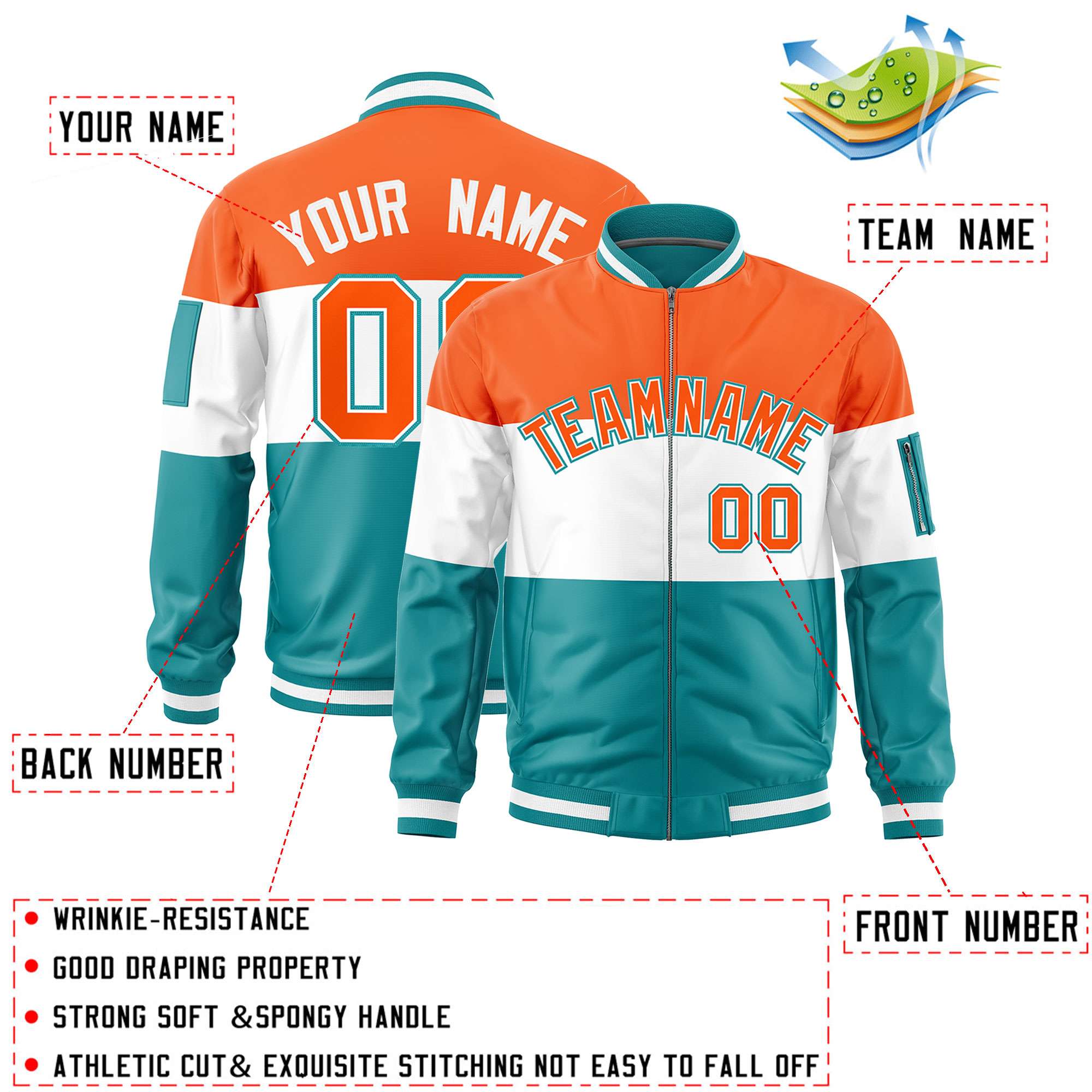 Custom Orange White-Aqua Varsity Full-Zip Color Block Letterman Bomber Jacket