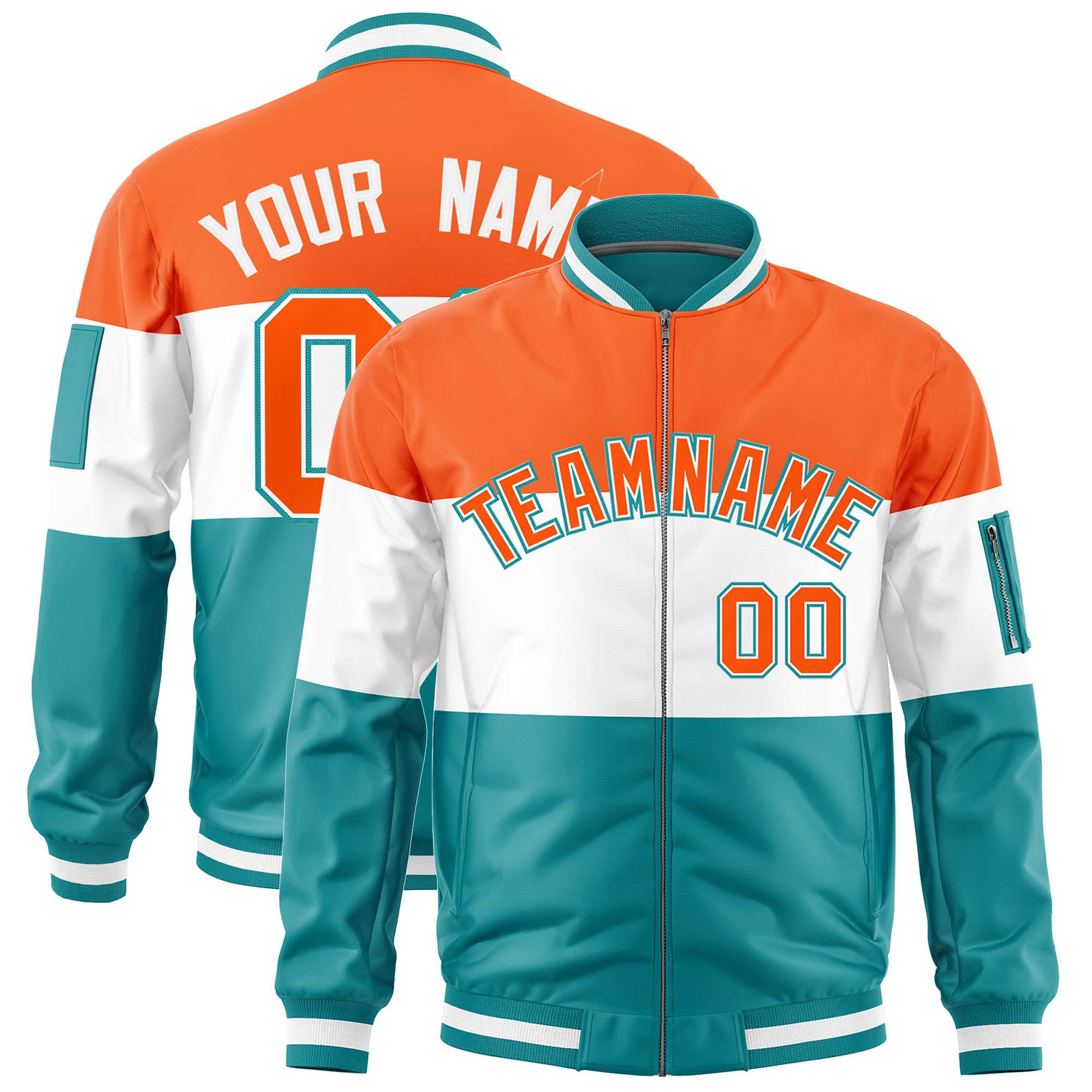 Custom Orange White-Aqua Varsity Full-Zip Color Block Letterman Bomber Jacket