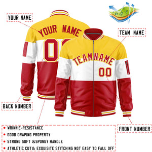 Custom Gold White-Red Varsity Full-Zip Color Block Letterman Bomber Jacket