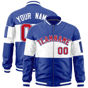 Custom Royal White-Royal Varsity Full-Zip Color Block Letterman Bomber Jacket