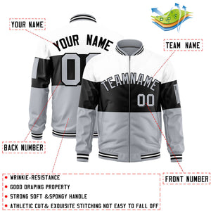 Custom White Black-Silver Varsity Full-Zip Color Block Letterman Bomber Jacket