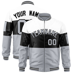 Custom White Black-Silver Varsity Full-Zip Color Block Letterman Bomber Jacket