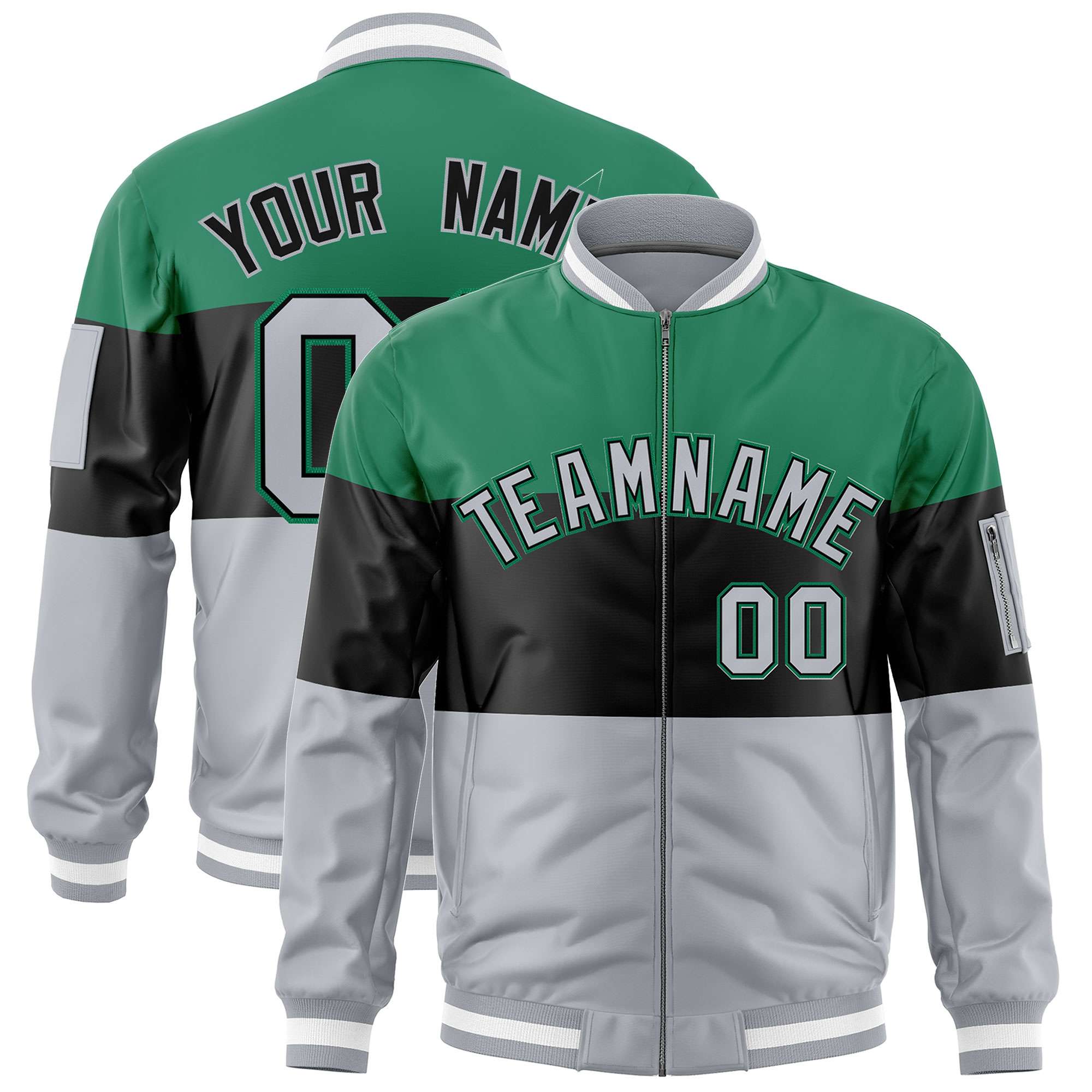 Custom Kelly Green Black-Silver Varsity Full-Zip Color Block Letterman Bomber Jacket