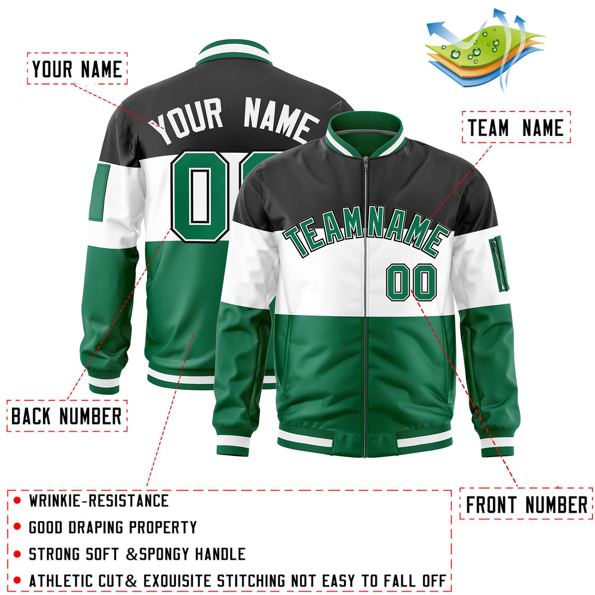 Custom Black White-Kelly Green Varsity Full-Zip Color Block Letterman Bomber Jacket