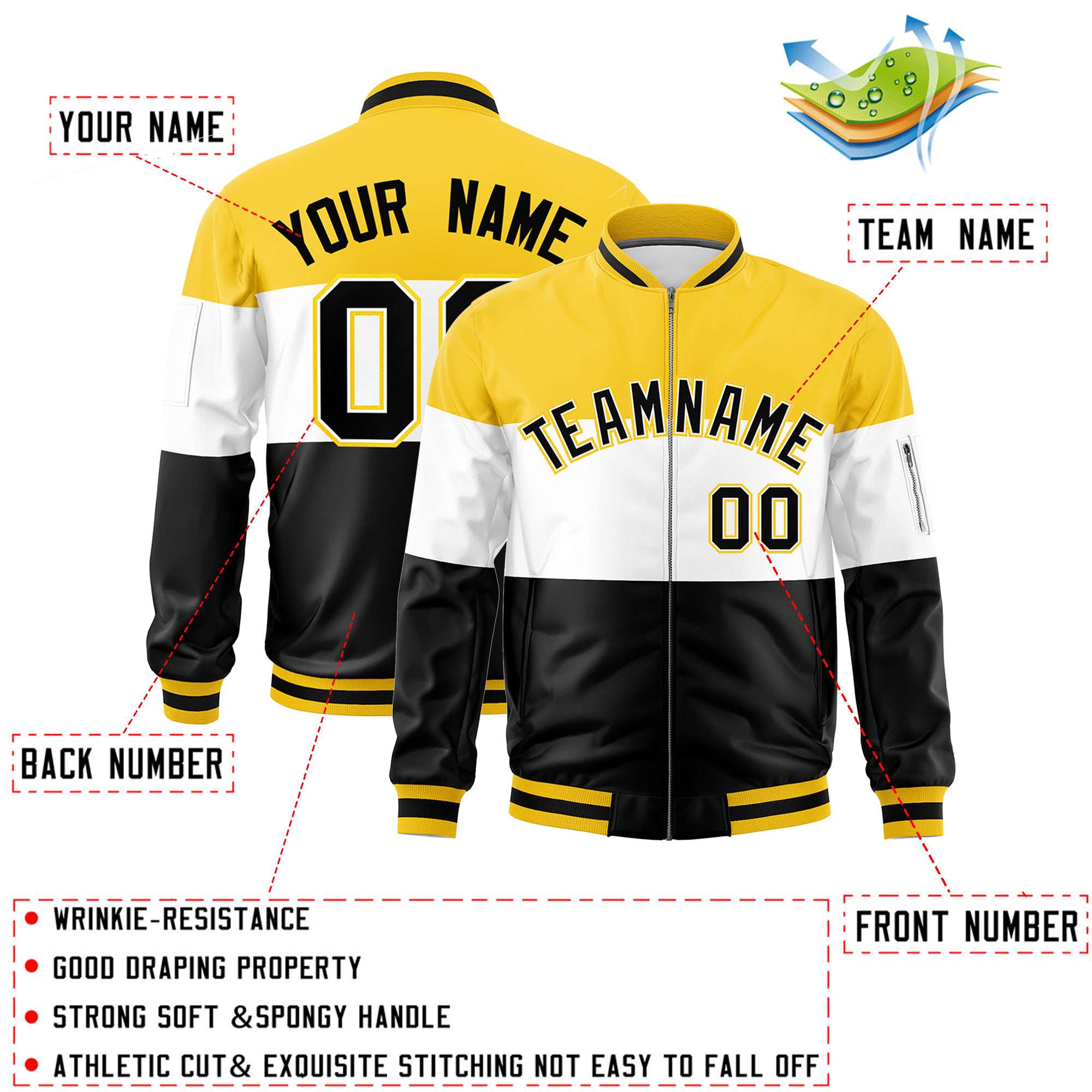 Custom Gold White-Black Varsity Full-Zip Color Block Letterman Bomber Jacket