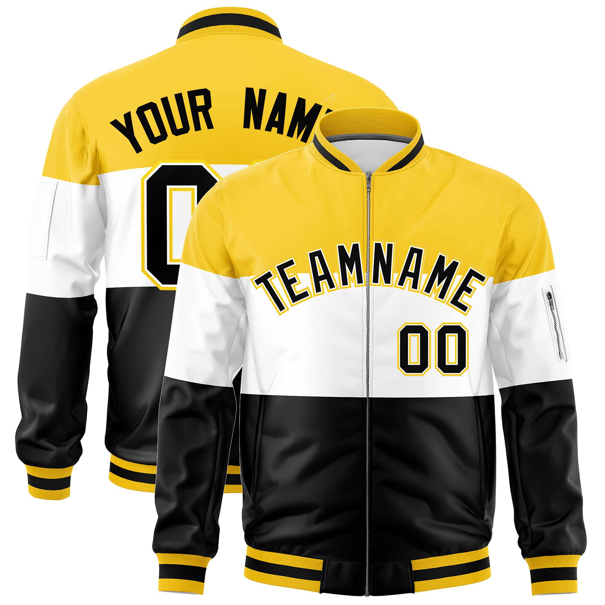 Custom Gold White-Black Varsity Full-Zip Color Block Letterman Bomber Jacket