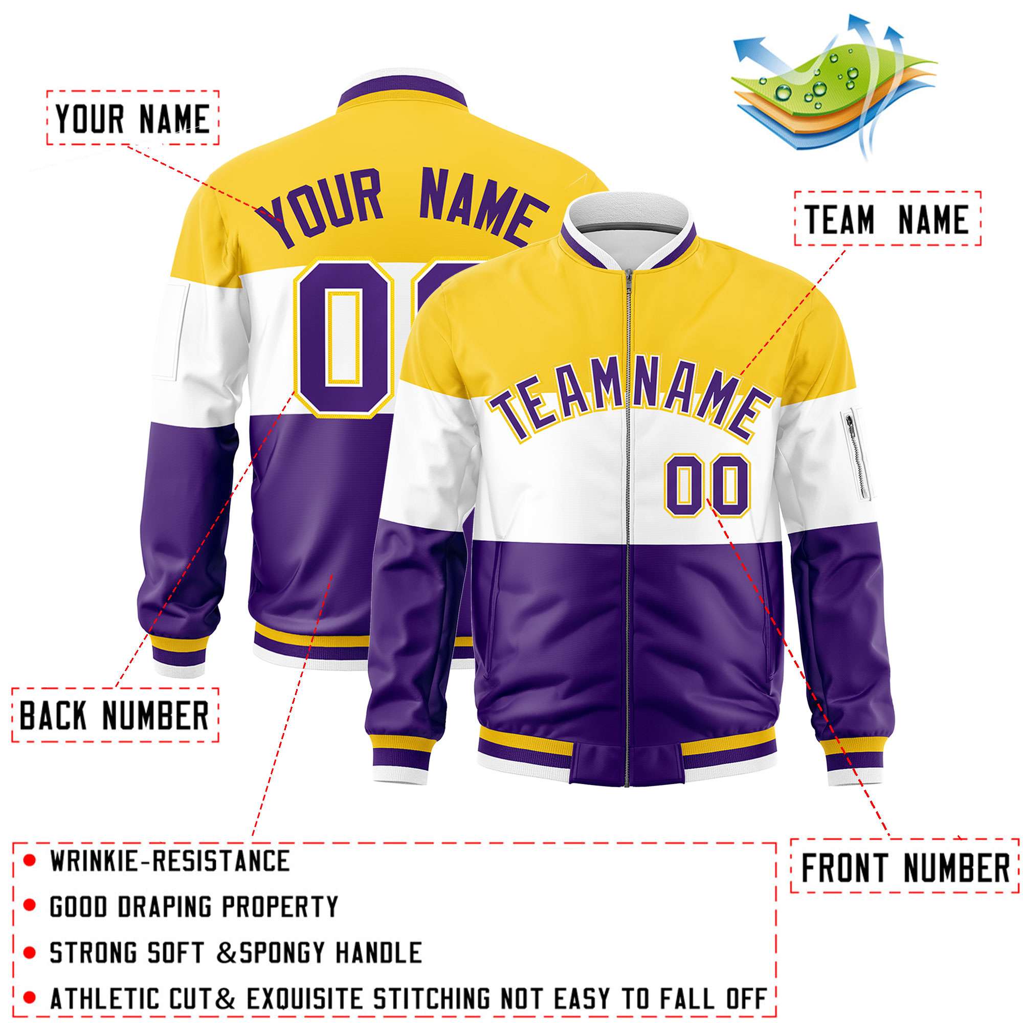 Custom Gold White-Purple Varsity Full-Zip Color Block Letterman Bomber Jacket