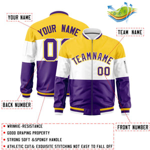 Custom Gold White-Purple Varsity Full-Zip Color Block Letterman Bomber Jacket