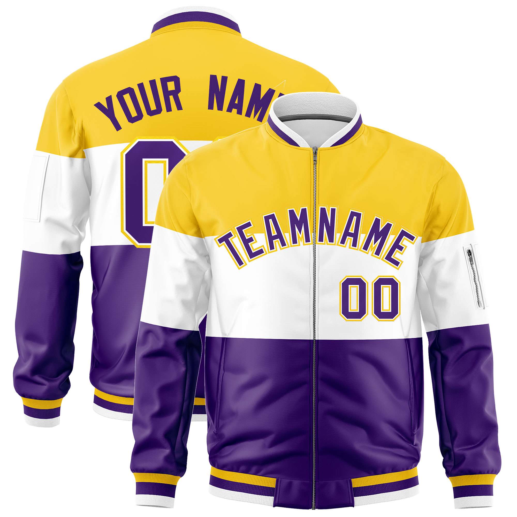 Custom Gold White-Purple Varsity Full-Zip Color Block Letterman Bomber Jacket