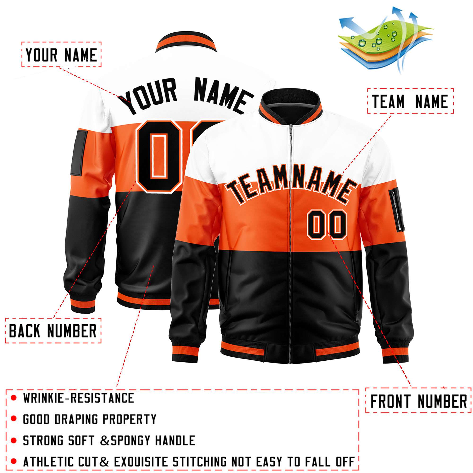 Custom White Orange-Black Varsity Full-Zip Color Block Letterman Bomber Jacket