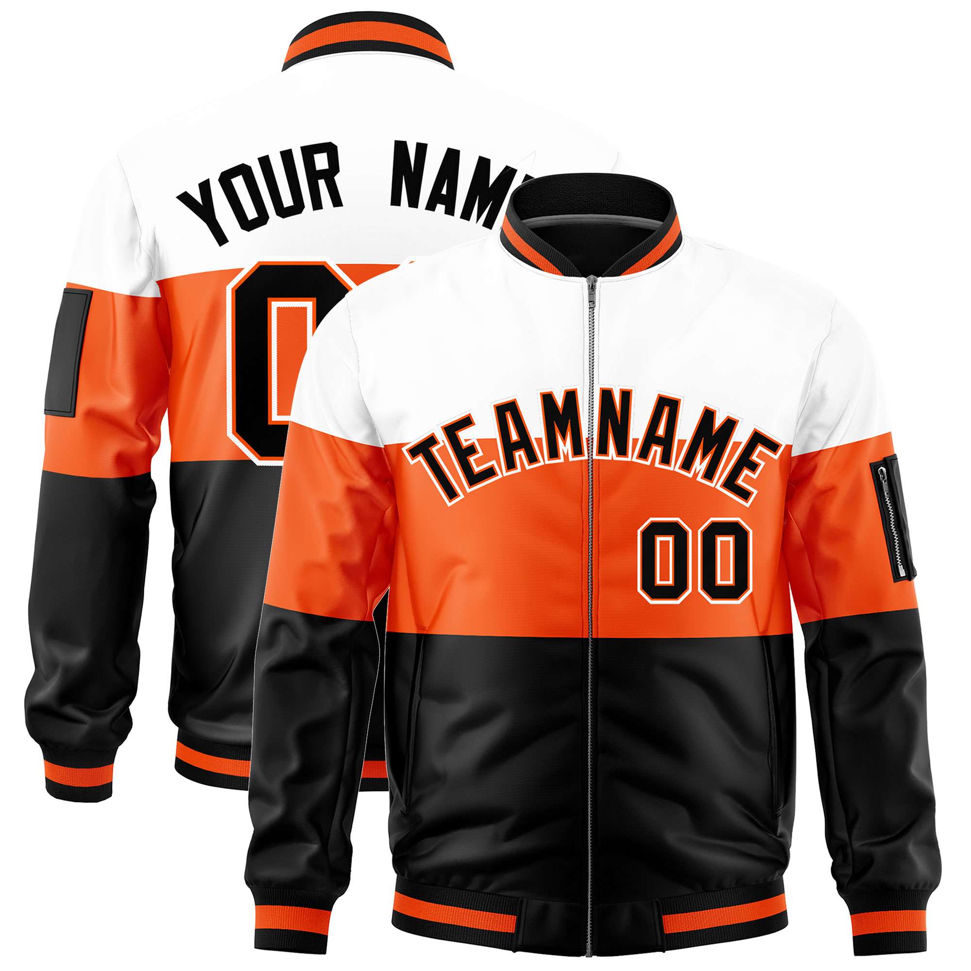 Custom White Orange-Black Varsity Full-Zip Color Block Letterman Bomber Jacket