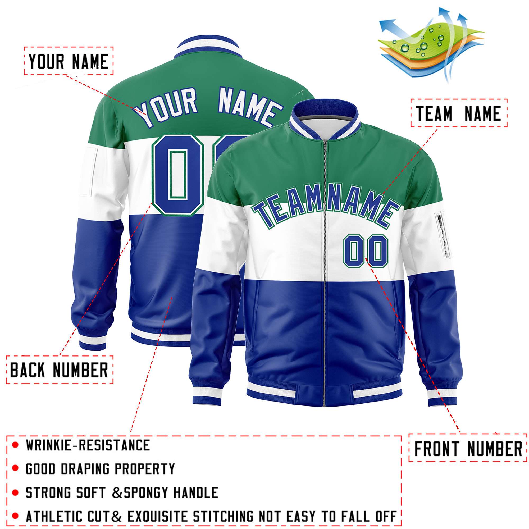 Custom Kelly Green White-Royal Varsity Full-Zip Color Block Letterman Bomber Jacket