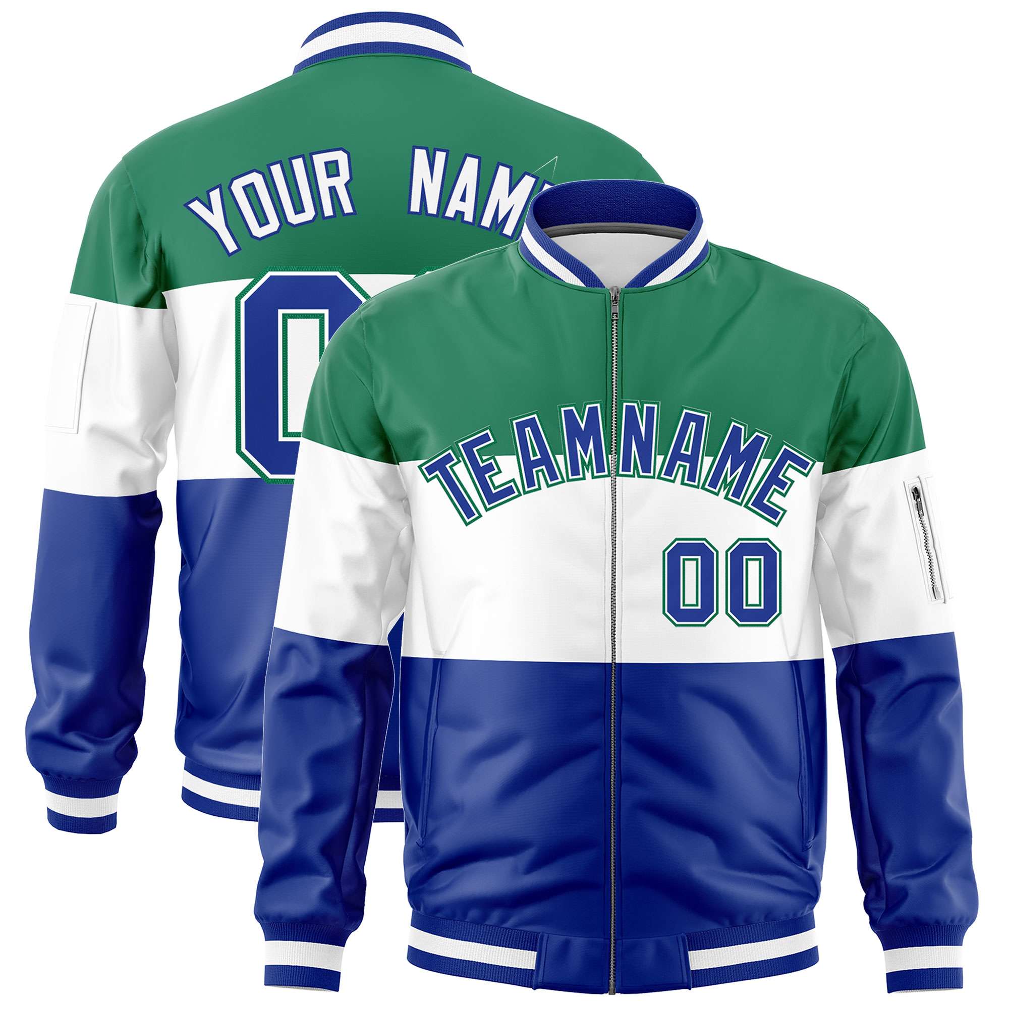 Custom Kelly Green White-Royal Varsity Full-Zip Color Block Letterman Bomber Jacket