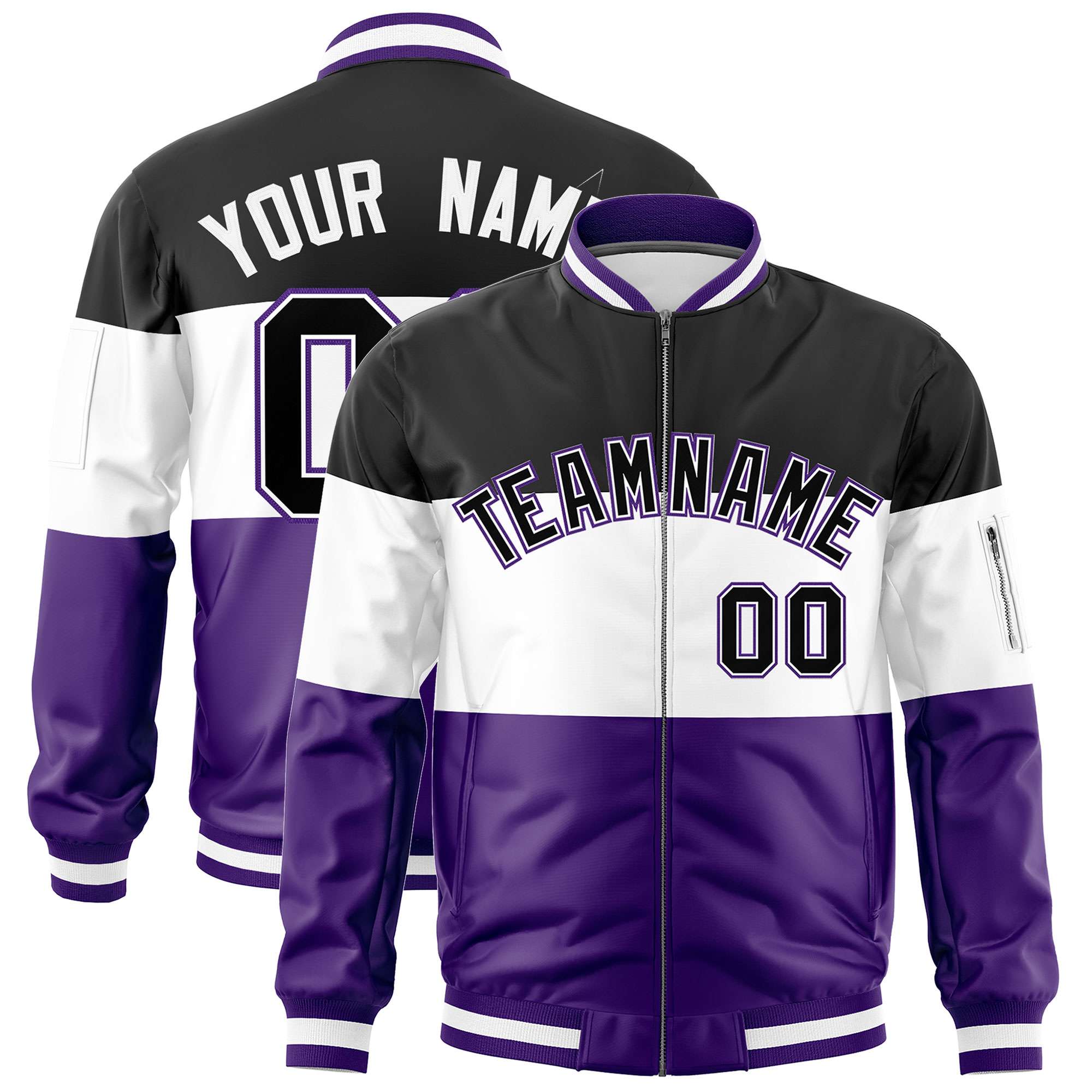 Custom Black White-Purple Varsity Full-Zip Color Block Letterman Bomber Jacket