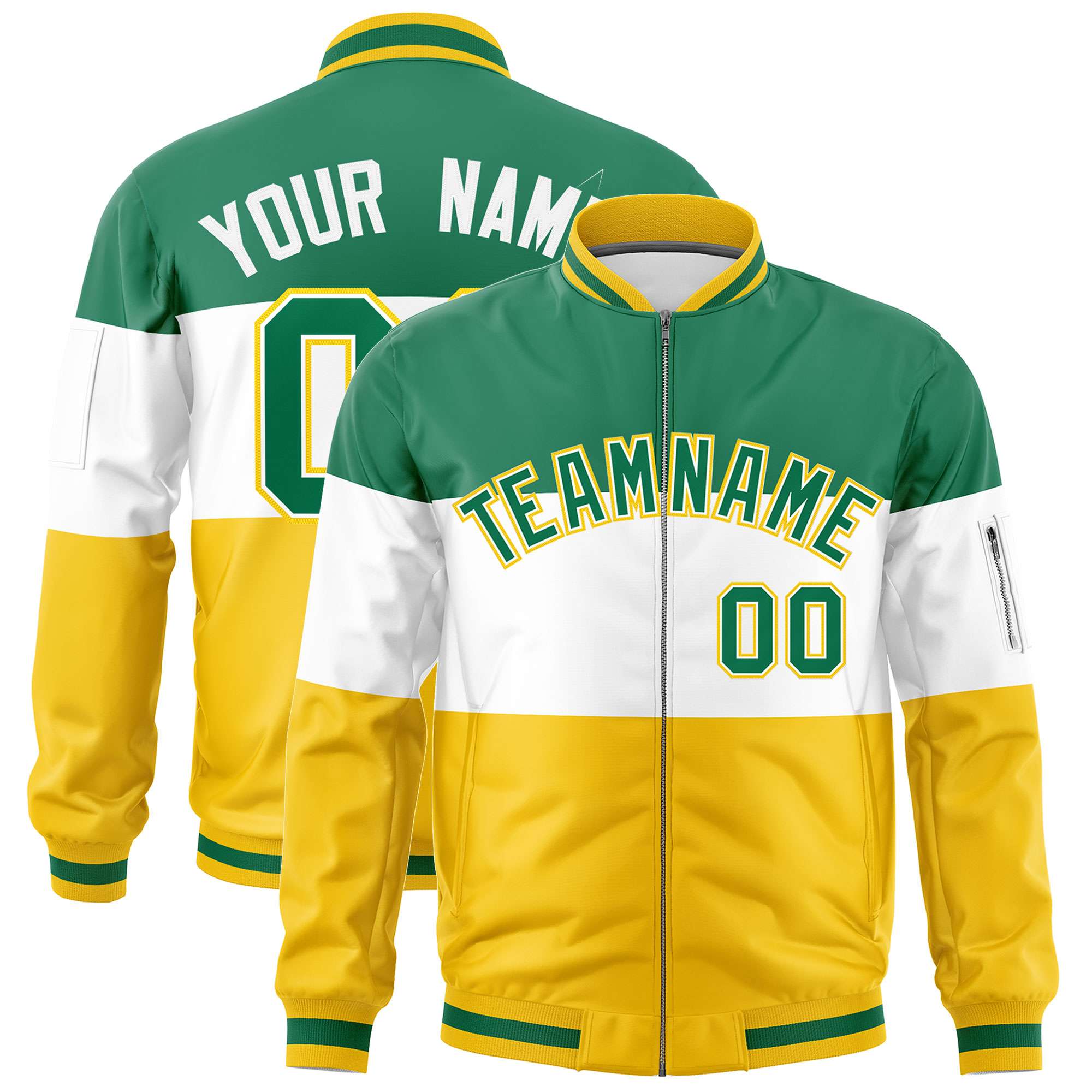 Custom Kelly Green White-Gold Varsity Full-Zip Color Block Letterman Bomber Jacket