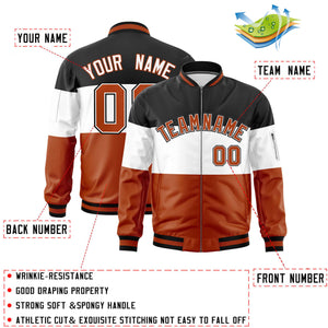 Custom Black White-Texas Orange Varsity Full-Zip Color Block Letterman Bomber Jacket