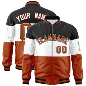 Custom Black White-Texas Orange Varsity Full-Zip Color Block Letterman Bomber Jacket