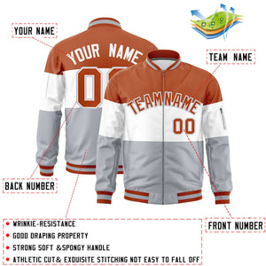 Custom Texas Orange White-Silver Varsity Full-Zip Color Block Letterman Bomber Jacket