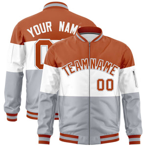 Custom Texas Orange White-Silver Varsity Full-Zip Color Block Letterman Bomber Jacket