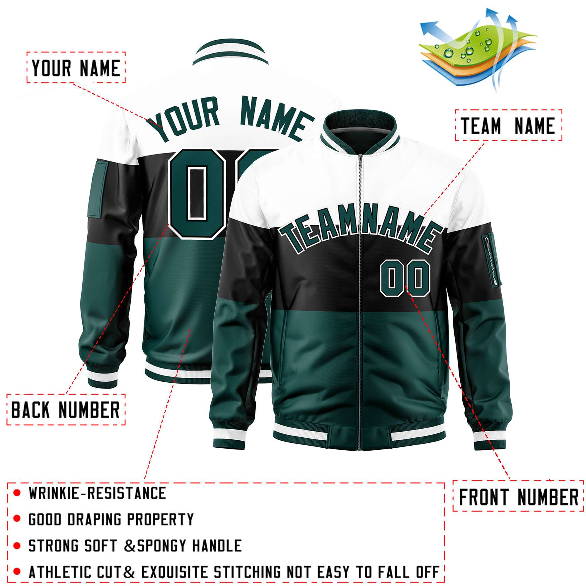 Custom White Black-Midnight Green Varsity Full-Zip Color Block Letterman Bomber Jacket